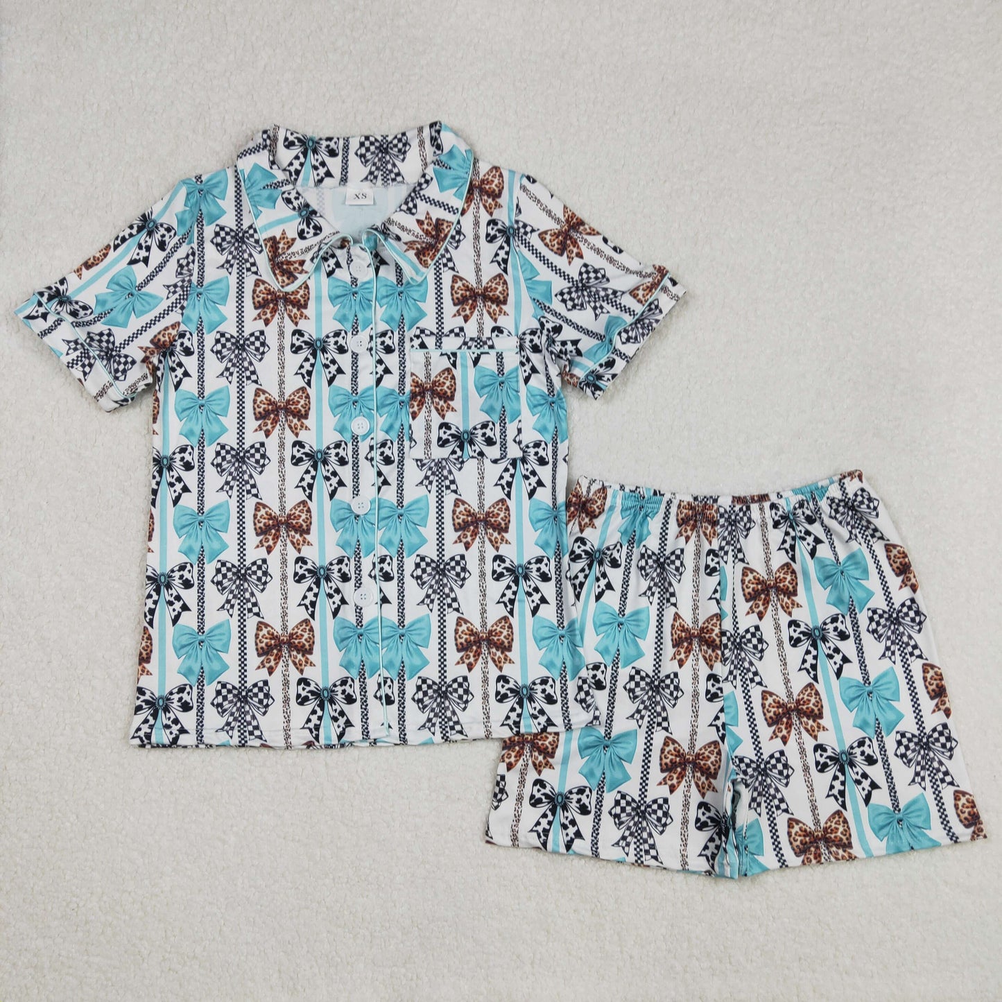GSSO1856Adult Women's Leopard Cow Print Bow Button down Pajamas Comfortable Sleepwear