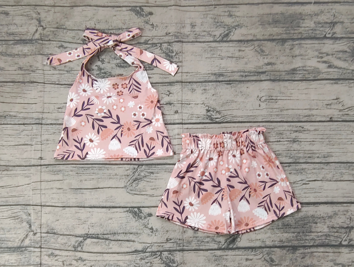 GSSO1870Cute Khaki Floral Patterned Halter Top and Shorts for Girls’ Summer