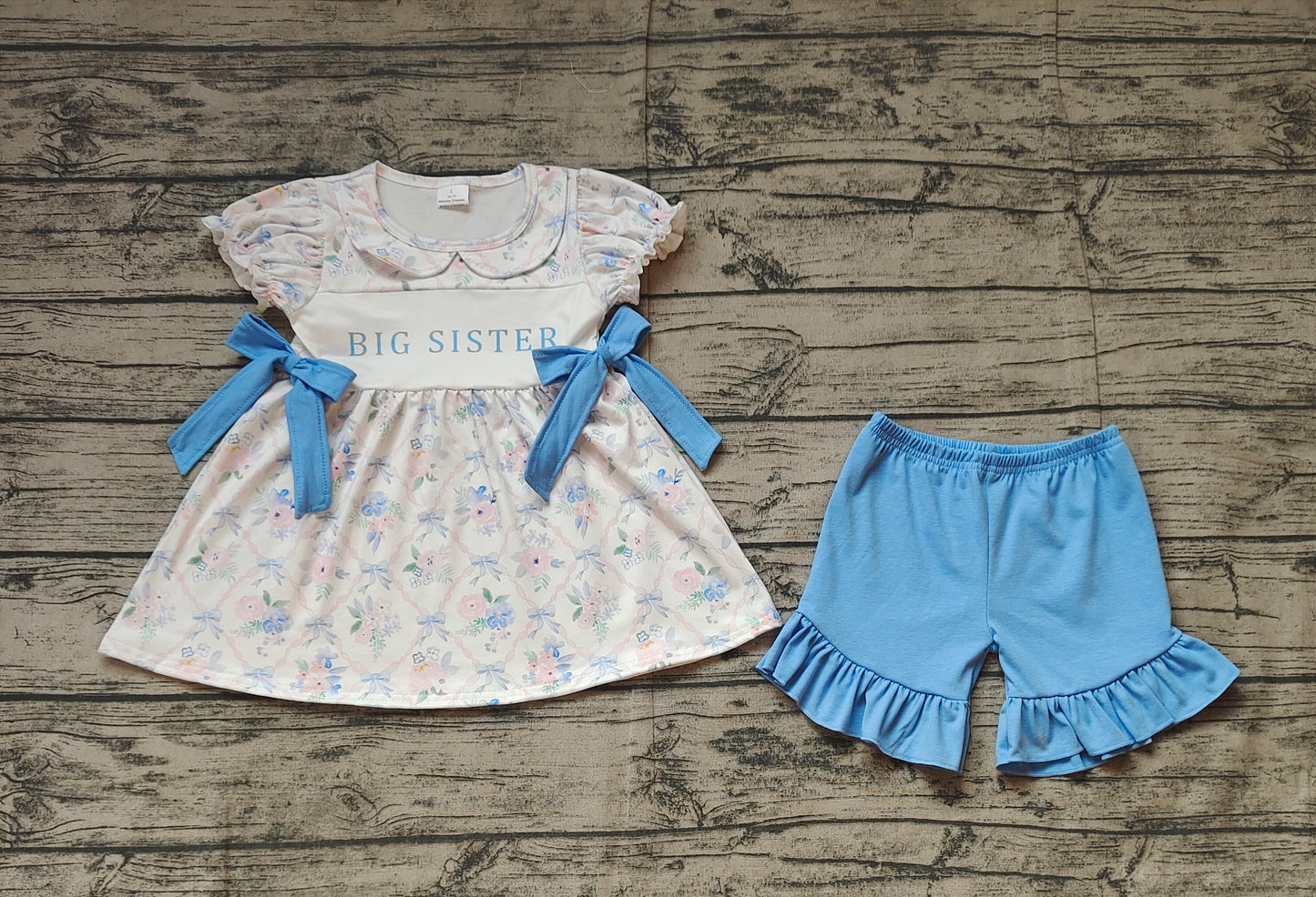 GSSO1875Big sister light blue floral tunic ruffle shorts girls clothes