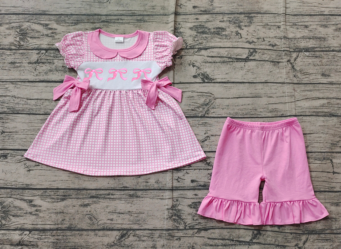GSSO1879Pink plaid bow tunic ruffle shorts girls clothing set