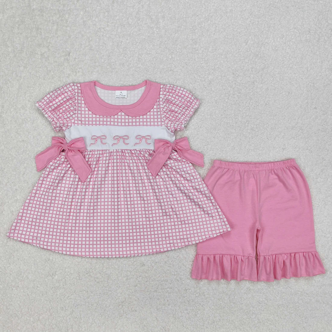 10.4 RTS Sibling Embroidery Baby Girls Checkered Bows Tunic Ruffle Shorts Clothes Sets