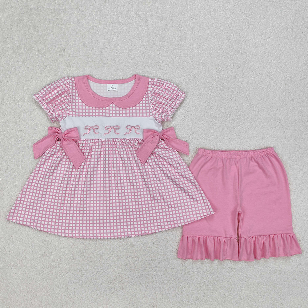 GSSO1879Girls Pink Plaid Bow Tunic Ruffle Shorts Set - Cute Preppy Outfit for Ages 2-12