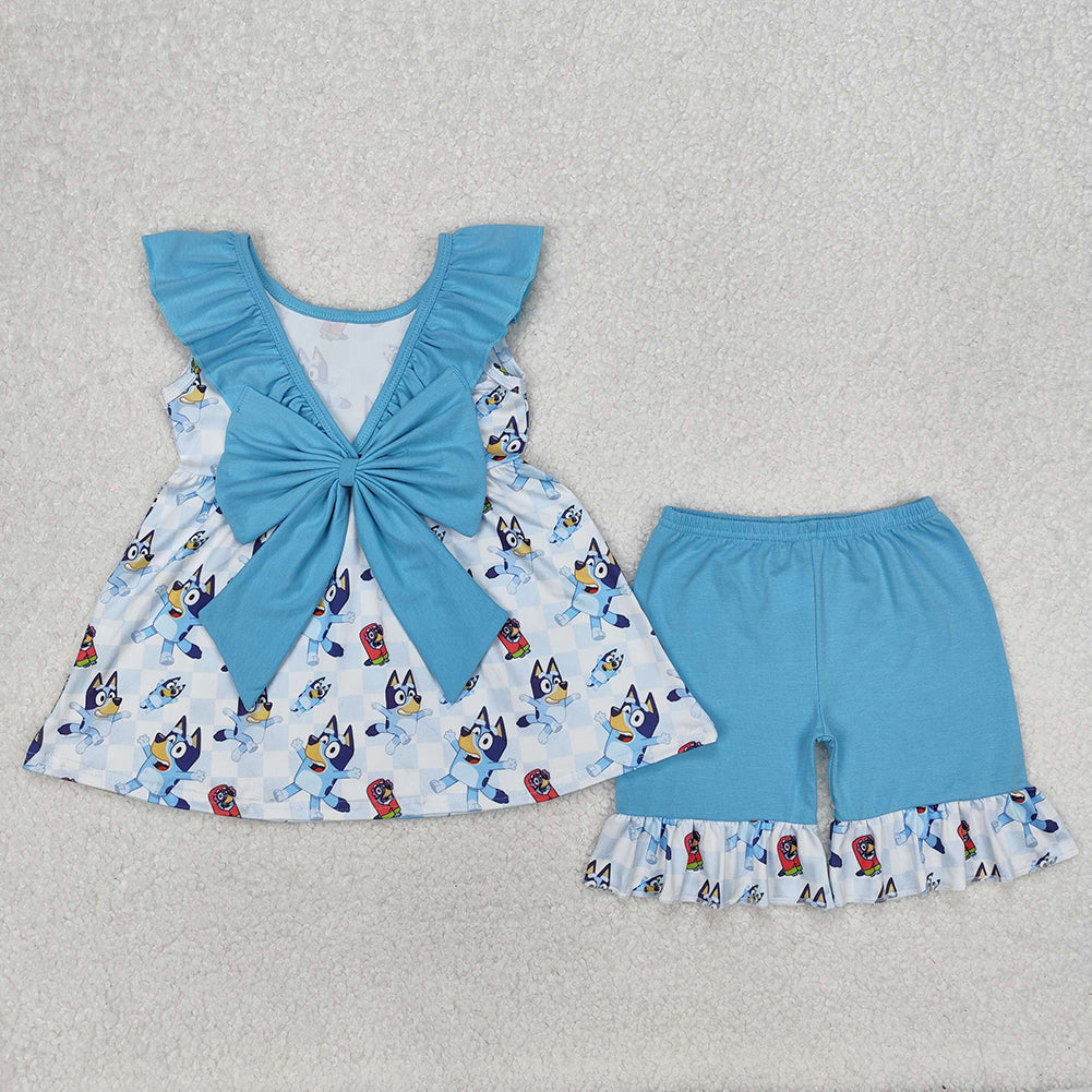 GSSO1886Blue Plaid Dog Tunic Sleeveless Ruffle Shorts Set Girls Outfit Casual Clothing Set for Kids
