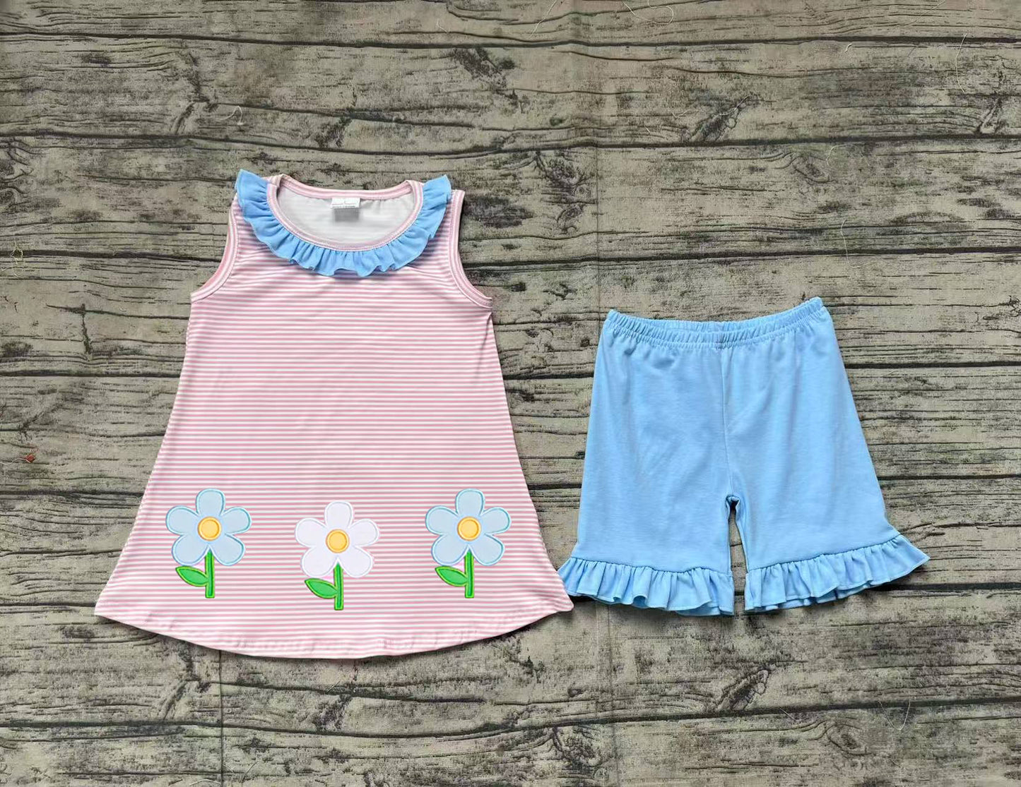 GSSO1895Girls Pink Stripe Sleeveless Floral Summer Outfits Set Casual Breathable Top with Skirt for Kids