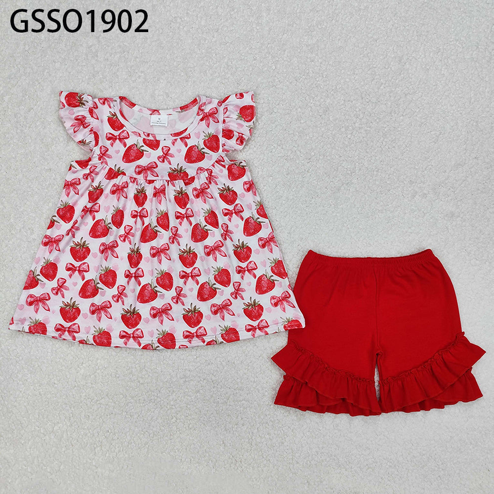 GSSO1902RTS NO MOQ Baby Girls Summer Outfits By Air Arrived it Flutter sleeves bow strawberry tunic shorts girls clothes
