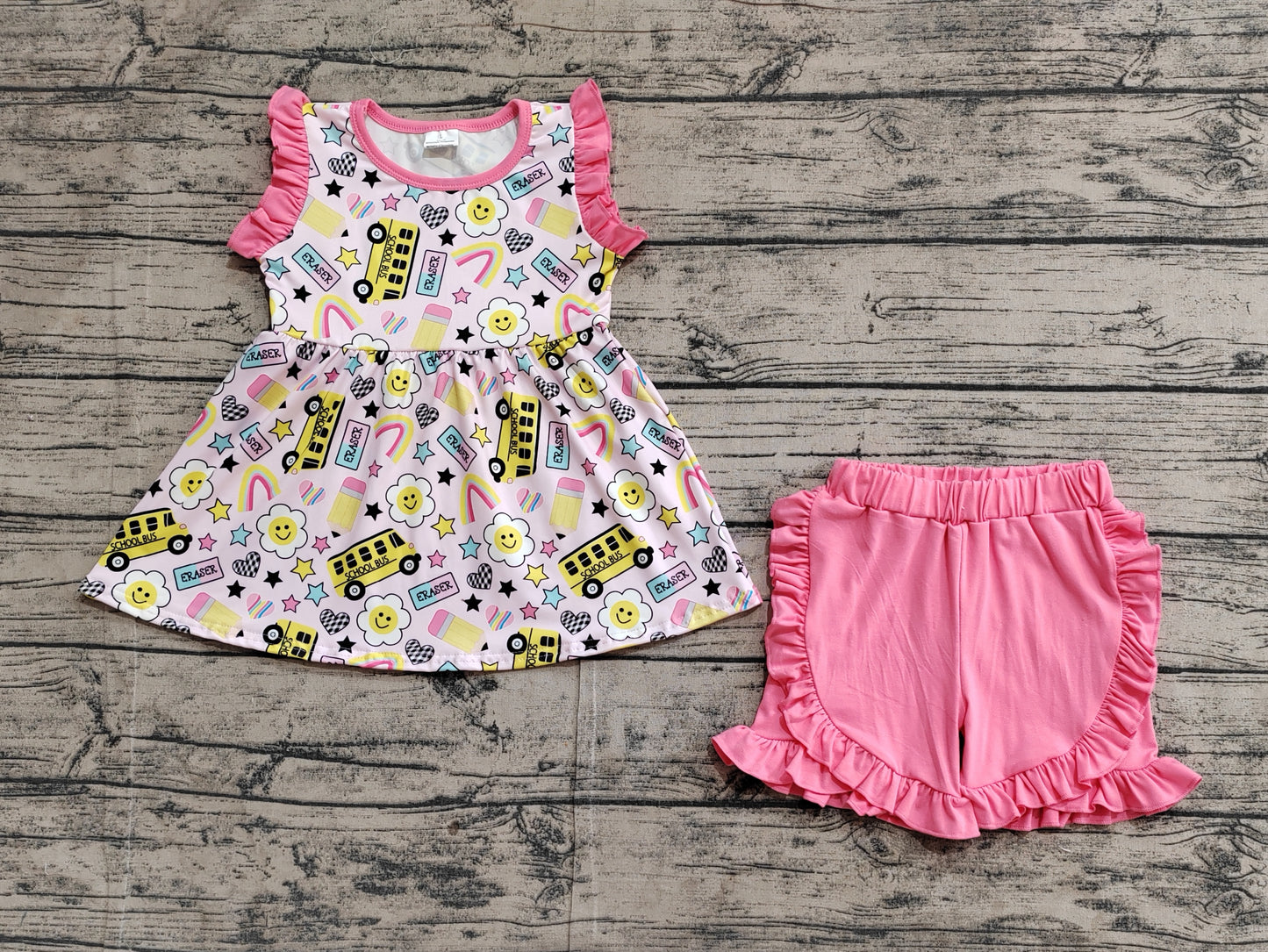 GSSO1912Baby Girls Back-to-School Tunic Ruffle Shorts Outfit Set Cute Bus Design for Little Ones