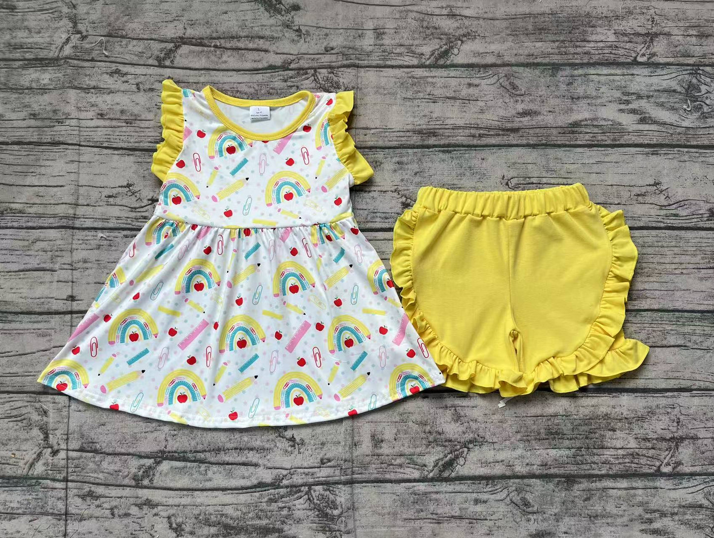 GSSO1913Girls Rainbow Pencil Skirt Outfit Yellow Apple Design Back to School Ensemble for Kids