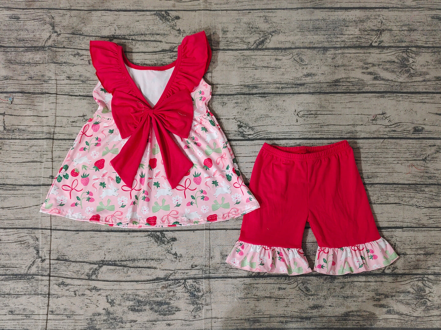 GSSO1914Girls Sleeveless Ruffle Striped Rabbit Bow Easter Clothing Cute Spring Summer Outfit for Kids