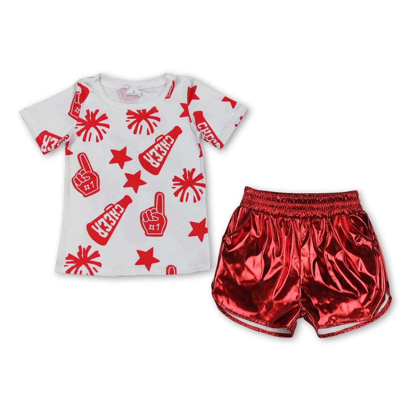 8.20 RTS Sibling Baby Girls Cheer Team Tops Leather Shorts Clothes Sets