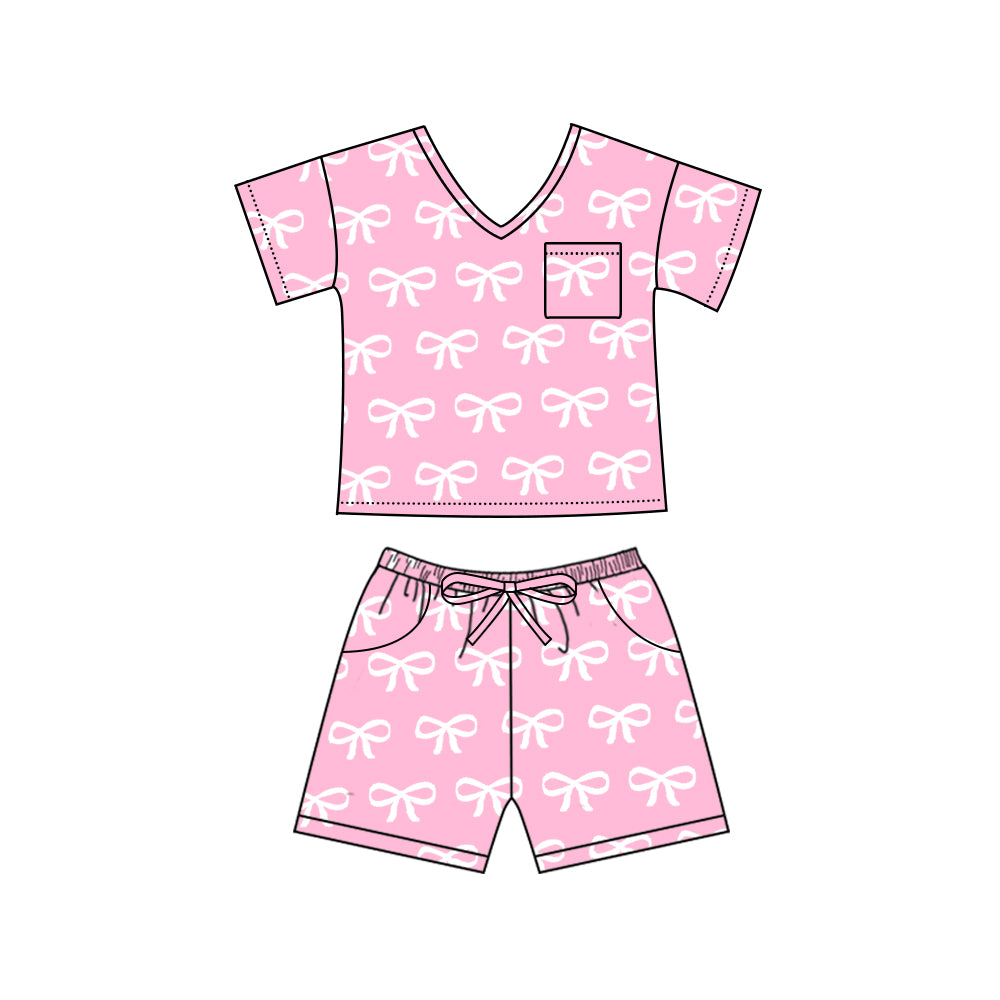 GSSO1940Short sleeves pink bow pocket adult women pajamas