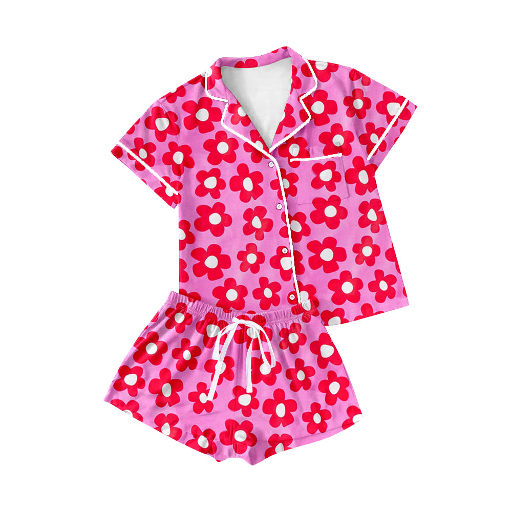 GSSO1943Pink red flower adult women button down pajamas