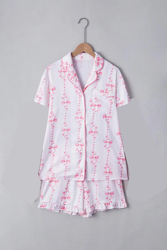 GSSO1944White pink bow adult women button down pajamas