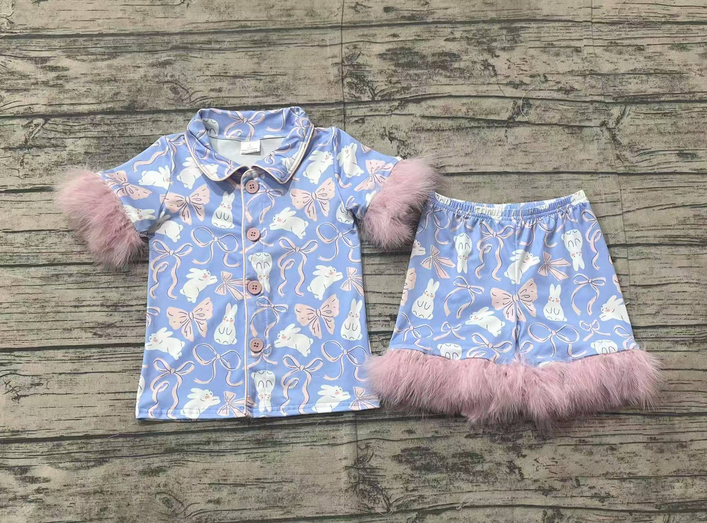 GSSO1946Baby Girls Easter Rabbits Bows Fur Shirt Shorts Pajamas
