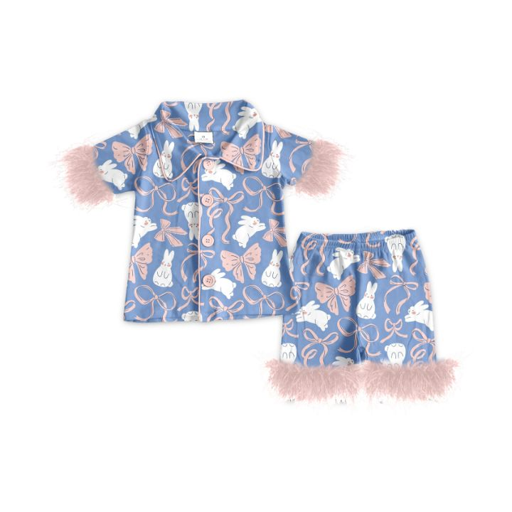GSSO1946Baby Girls Easter Rabbits Bows Fur Shirt Shorts Pajamas