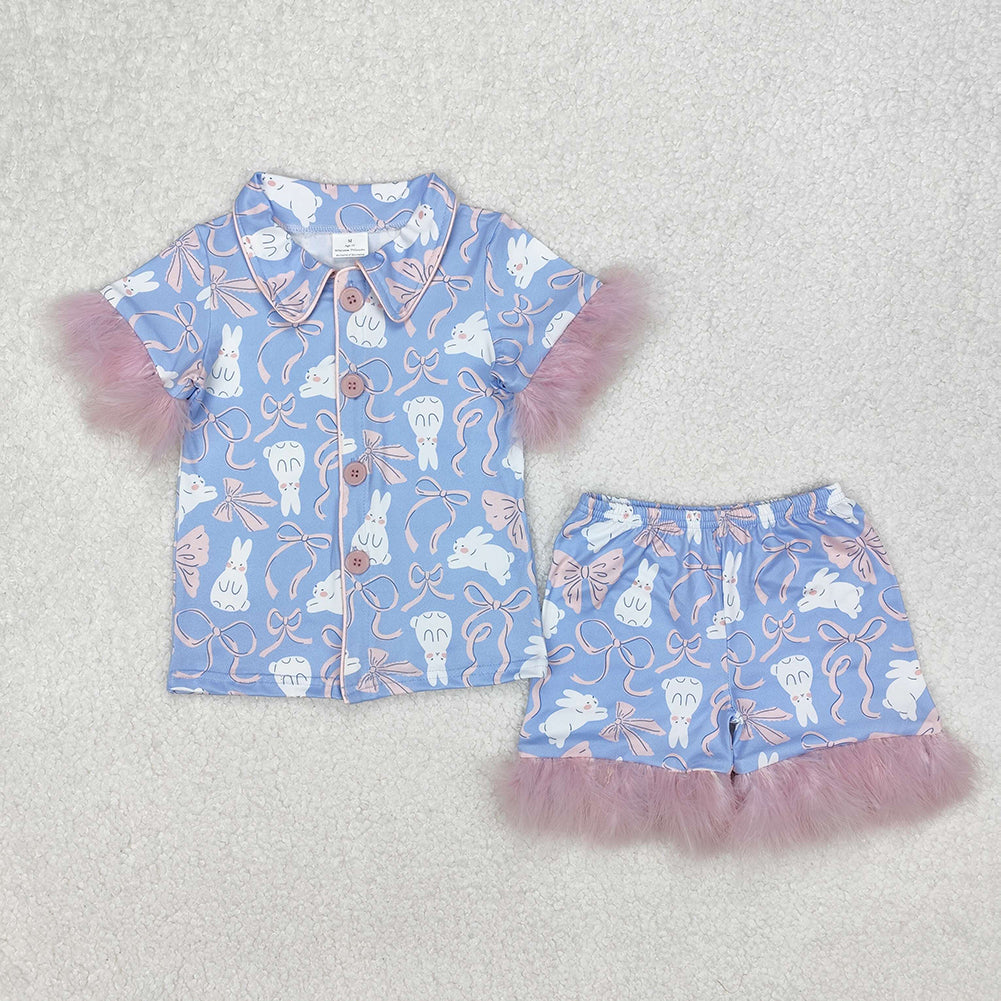 6.07 Girls Blue Bunny Bow Fur Pajamas Button down Easter Theme Sleepwear for Kids