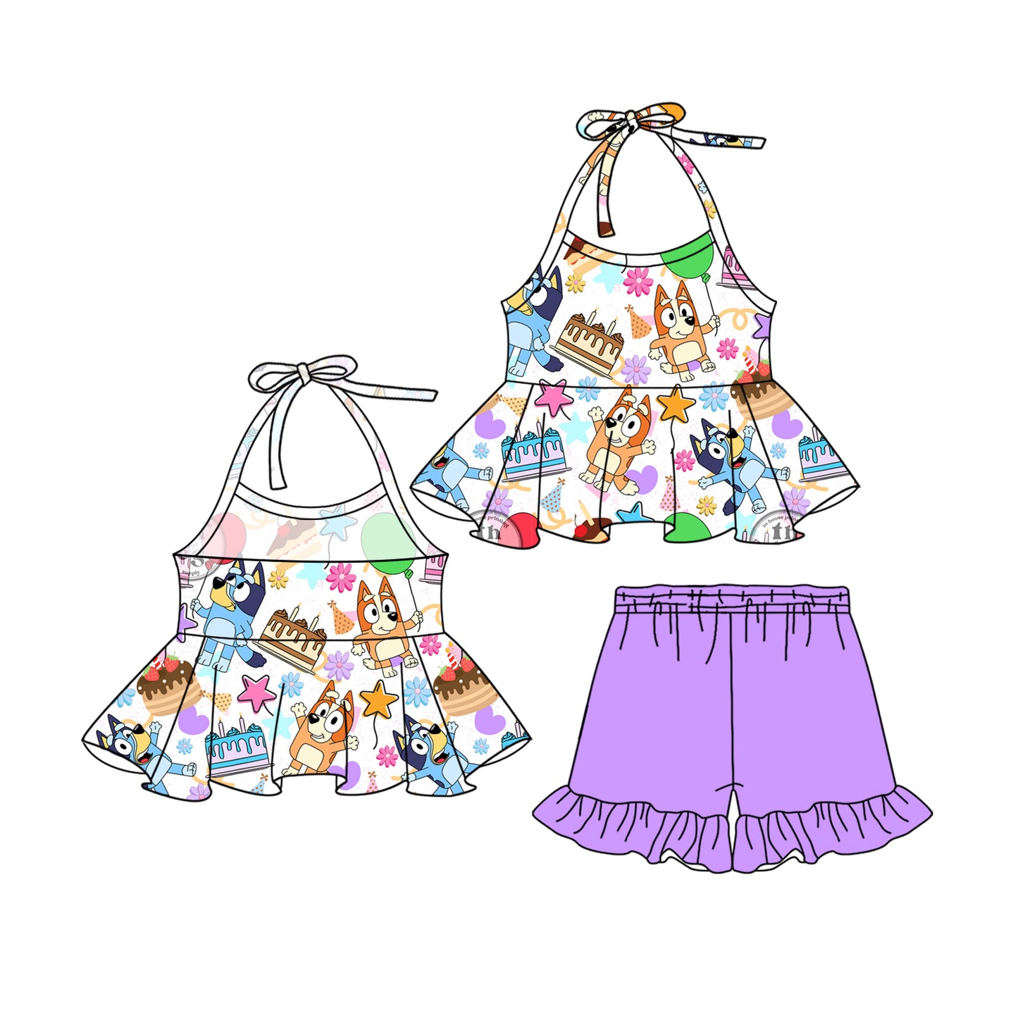 Happy birthday cake dog halter top shorts girls clothes