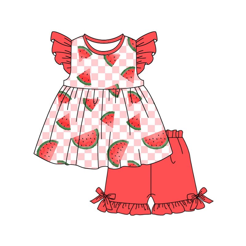 Flutter sleeves watermelon plaid tunic shorts girls summer set