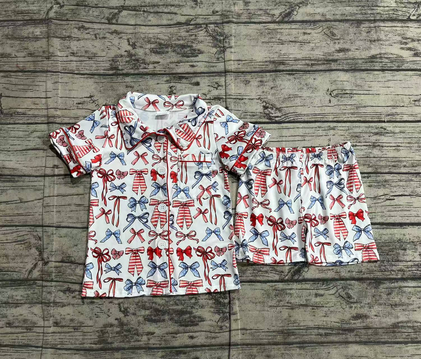 GSSO1966Stars stripe bow girls 4th of july button down pajamas