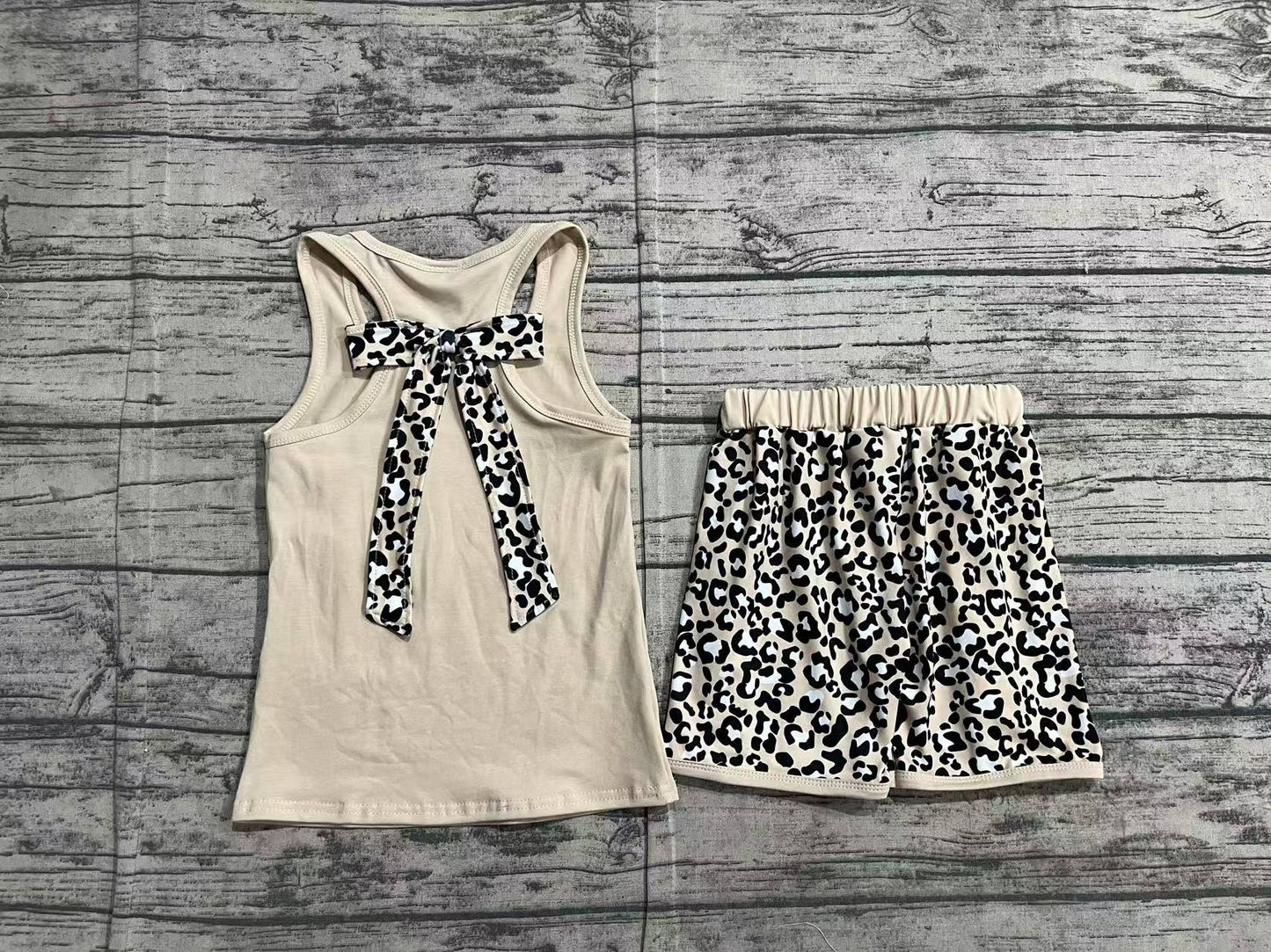 GSSO1979Sleeveless khaki leopard bow ruffle shorts girls clothes