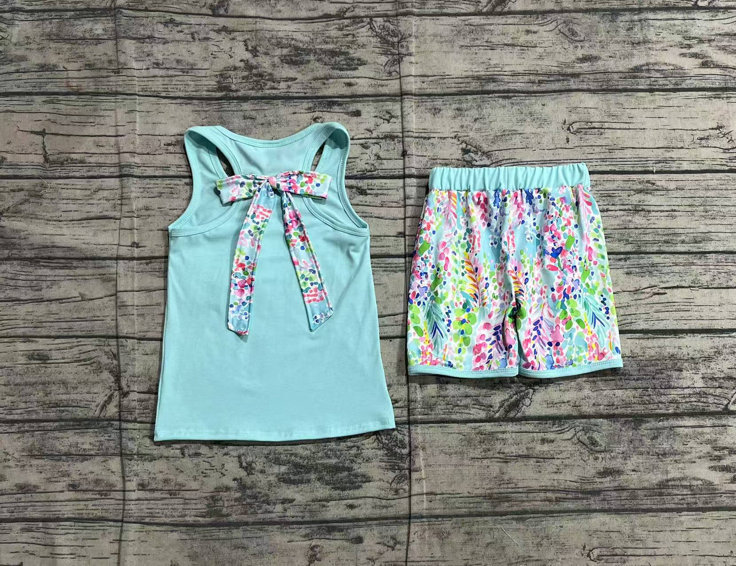 GSSO1982Sleeveless watercolor floral bow ruffle shorts girls clothes