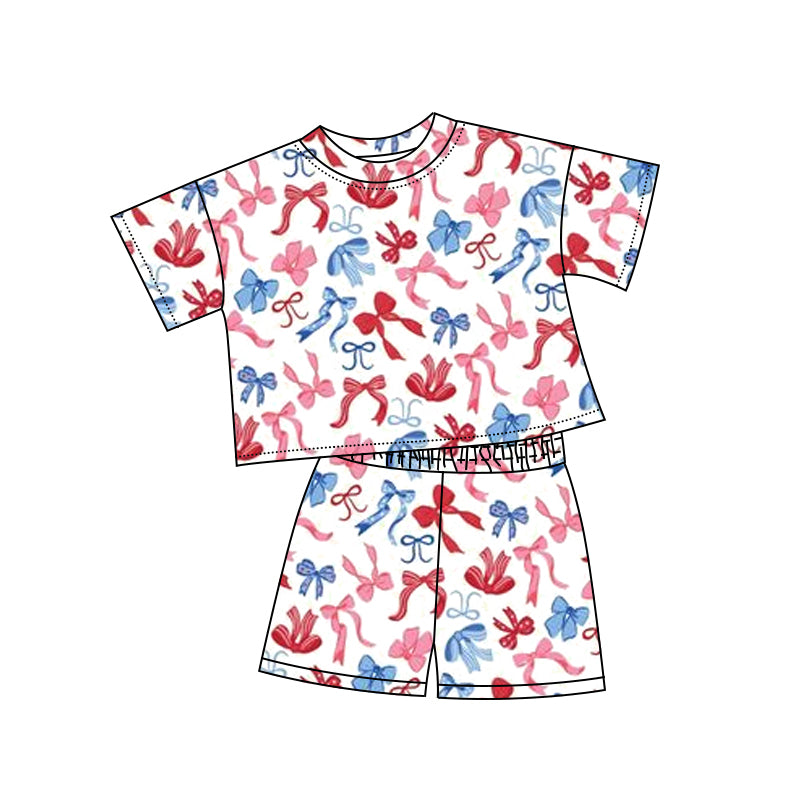 GSSO1992Short sleeves red blue bow girls 4th of july clothing
