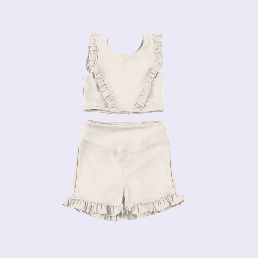 GSSO1997Beige ruffle top shorts kids girls activewear set