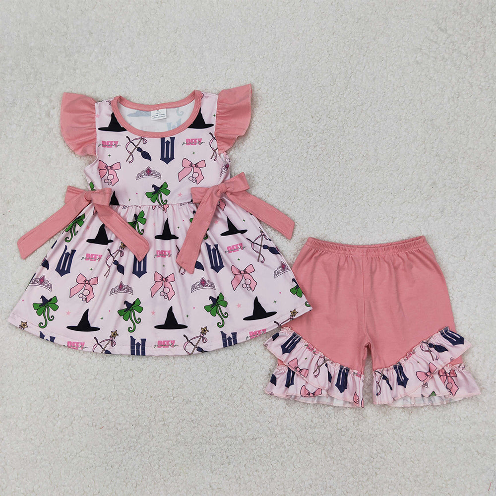 4.17 GSSO2006 RTS NO MOQ Cartoon witch hat crown pink lace bow pattern flying sleeve shorts suit