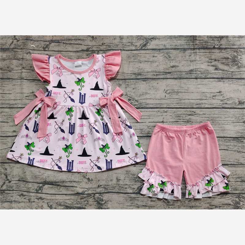 5.16 RTS NO MOQ Girls Witches Costume Set with Flutter Sleeves Bow Tunic And Shorts for Halloween Party Outfit