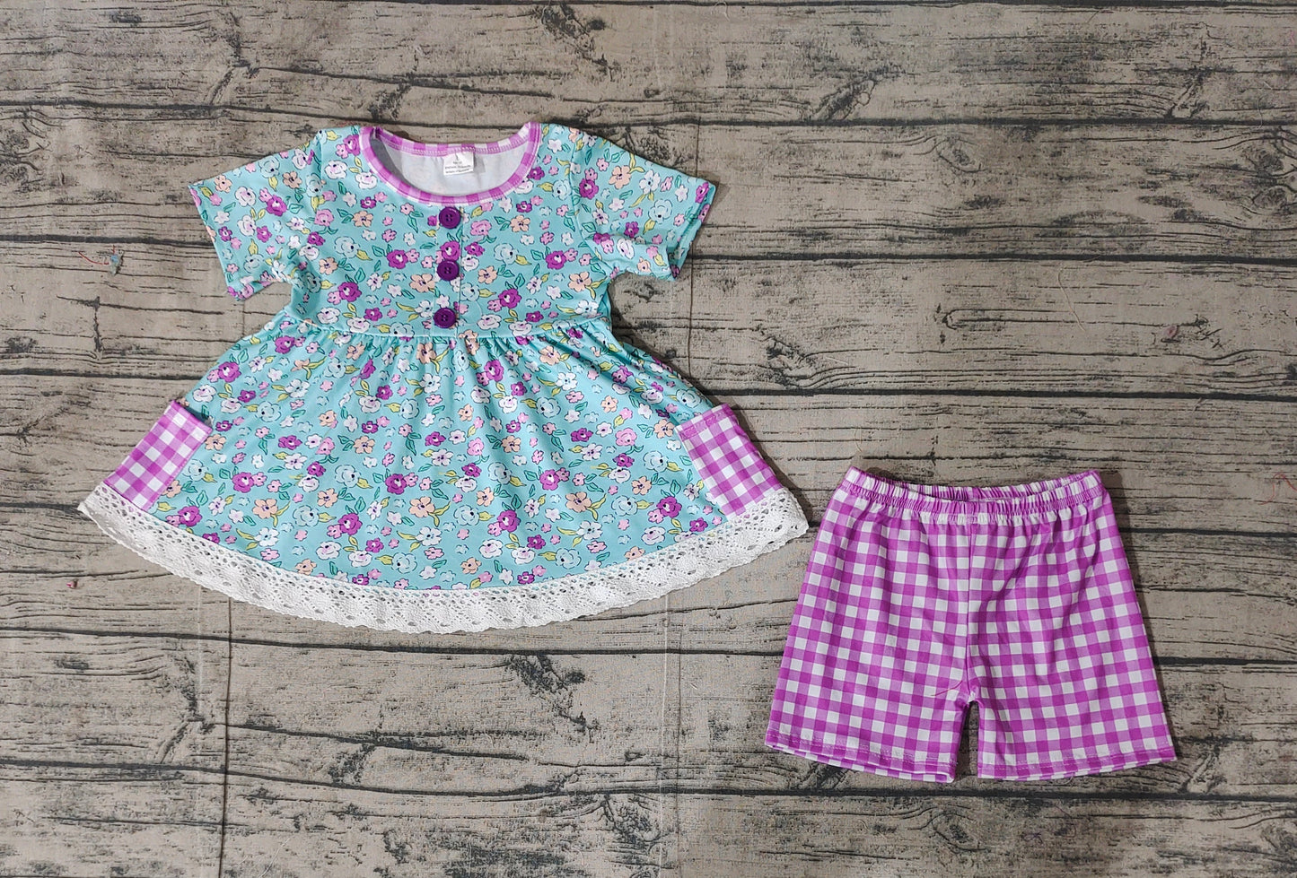 GSSO2011Girls Floral Pocket Tunic Lavender Plaid Shorts Set Summer Outfit for Kids