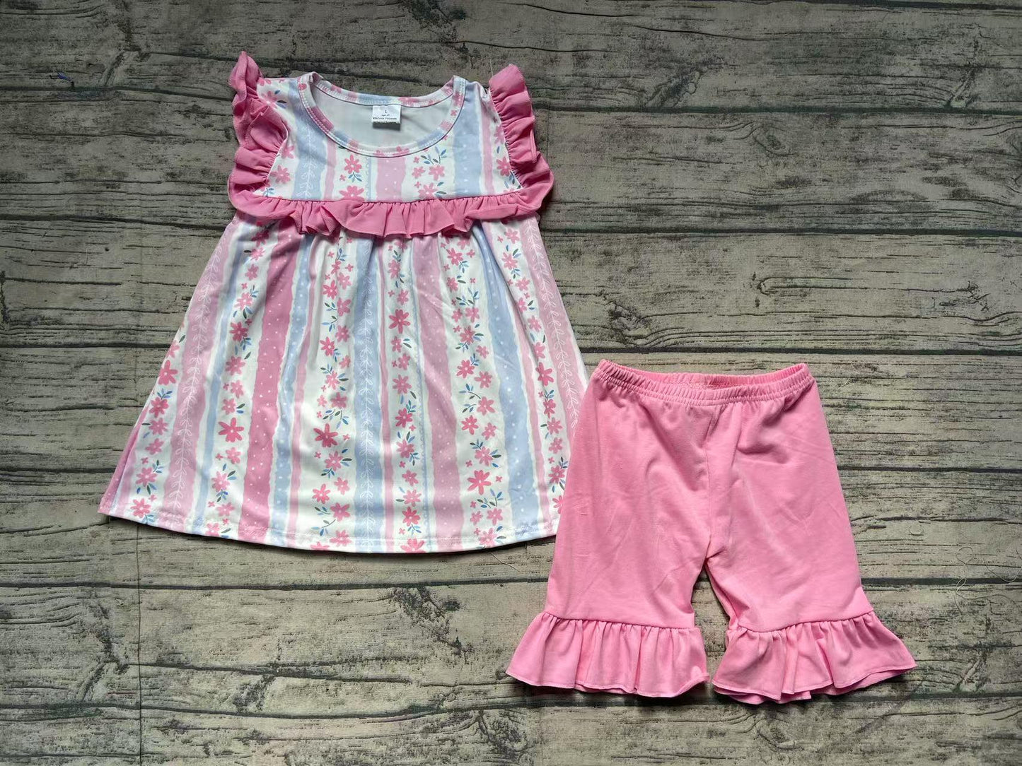 GSSO2012Kids Girls Pink Ruffle Floral Tunic Short Set Summer Clothing Floral Print Ruffle Hem Top And Shorts Combo for Little Girls