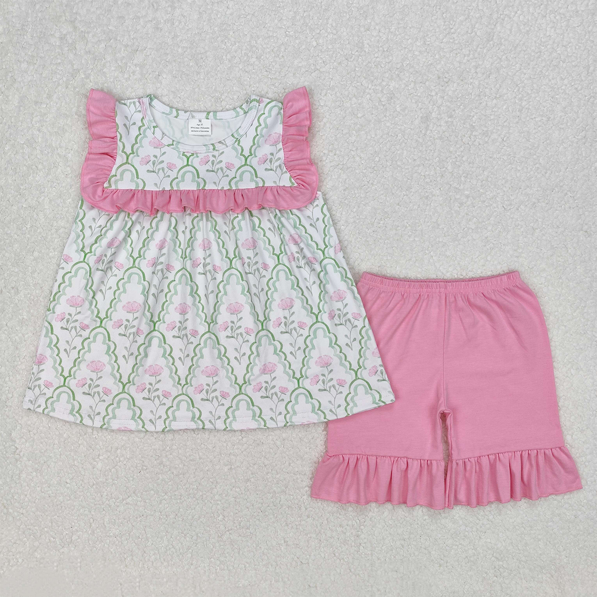 GSSO2013RTS NO MOQ Baby Girls Summer Outfits Flower Leaf Green Plaid Pink Lace Sleeveless Shorts Set