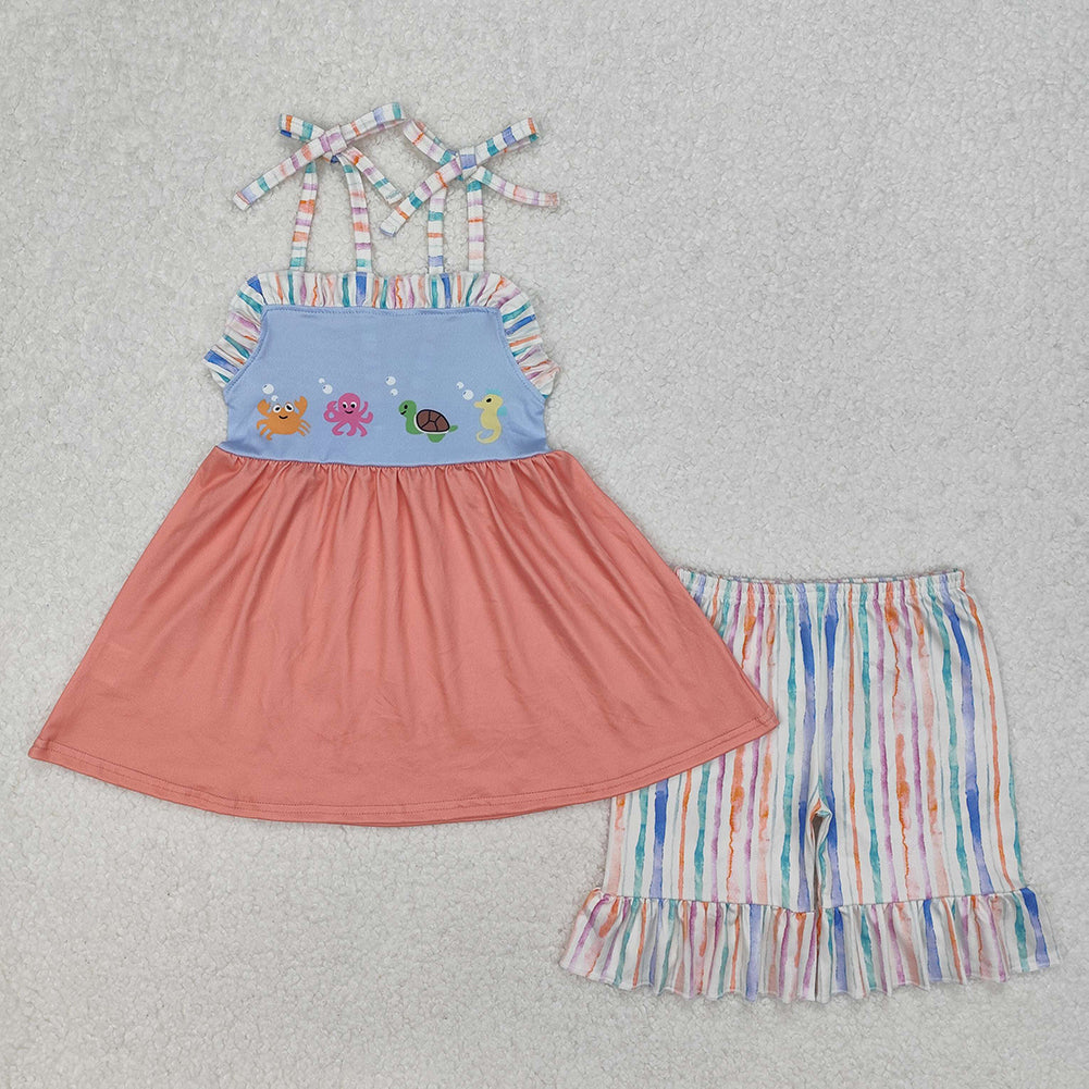 6.07 Boys Summer Clothes Top Shorts Set Crab Octopus Turtle Seahorse Print Casual Kids Outfit