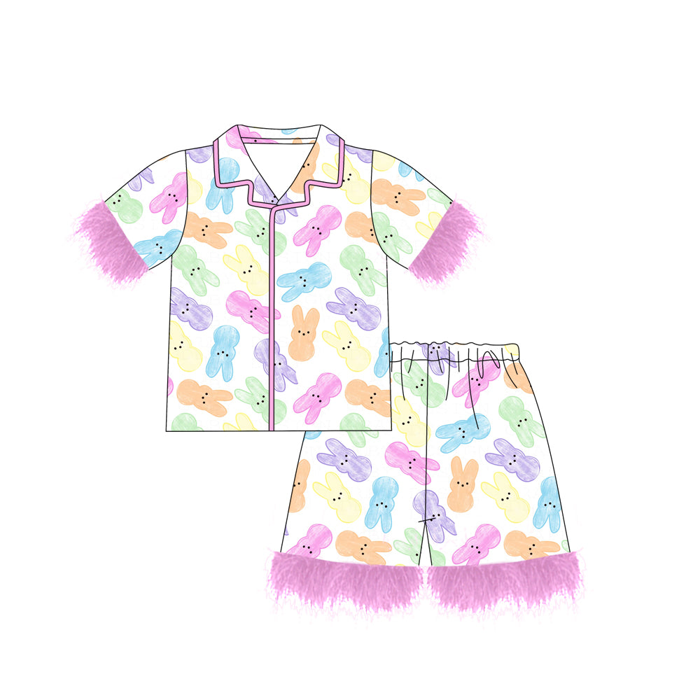 GSSO2020Colorful bunny fur girls Easter button down pajamas