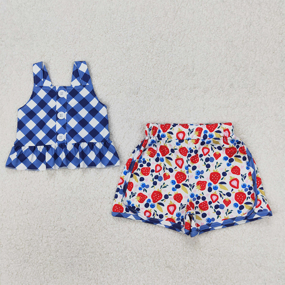 6.11 GSSO2025 RTS NO MOQ Baby Girls Summer Outfits Baby Girls Blue Plaid Sleeveless Button Down Tunic Strawberry Short Set