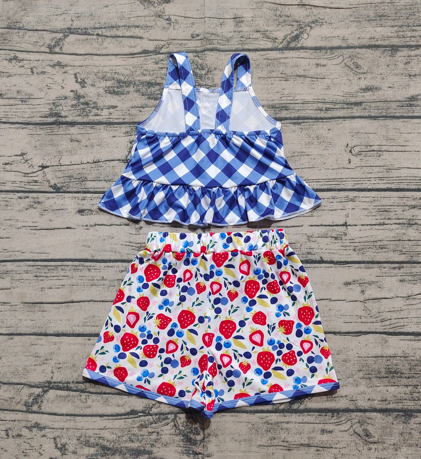 GSSO2025Girls Plaid Peplum Shorts Blueberry Strawberry Print Cute Feminine Summer Fashionable Clothing for Little Girls