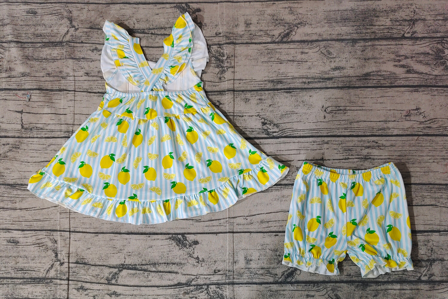 GSSO2026Girls Flutter Sleeve Striped Lemon Tunic Shorts Set Cute Casual Outfit for Kids