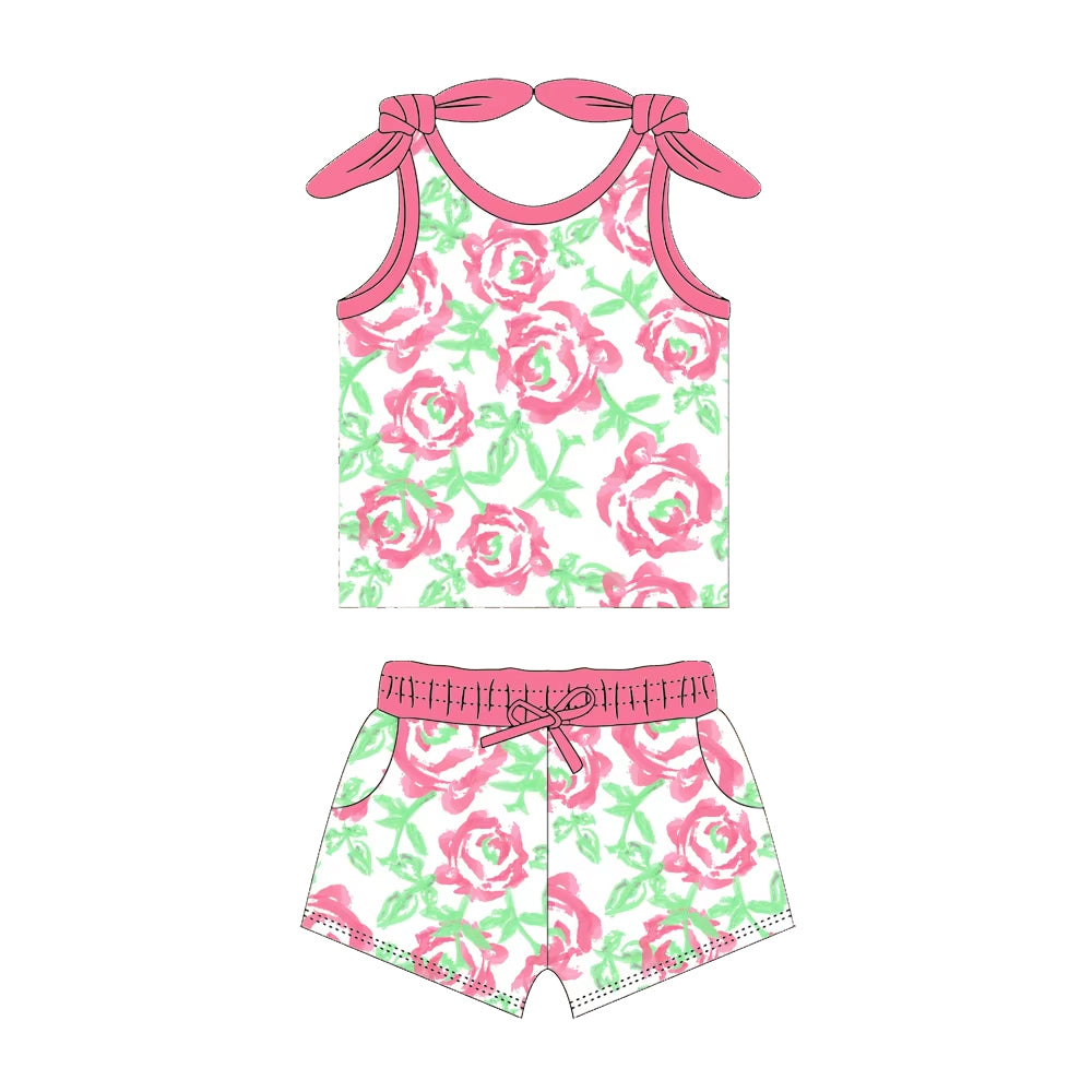 Sleeveless pink green floral top shorts girls clothes