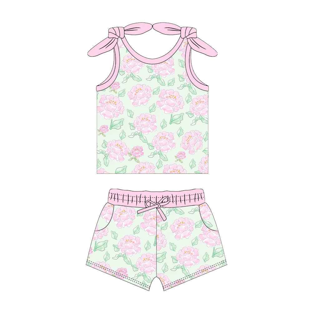 Sleeveless pink green floral top shorts girls clothes