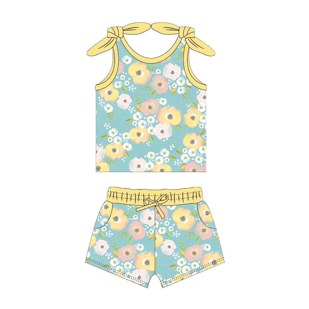 Sleeveless pink green floral top shorts girls clothes
