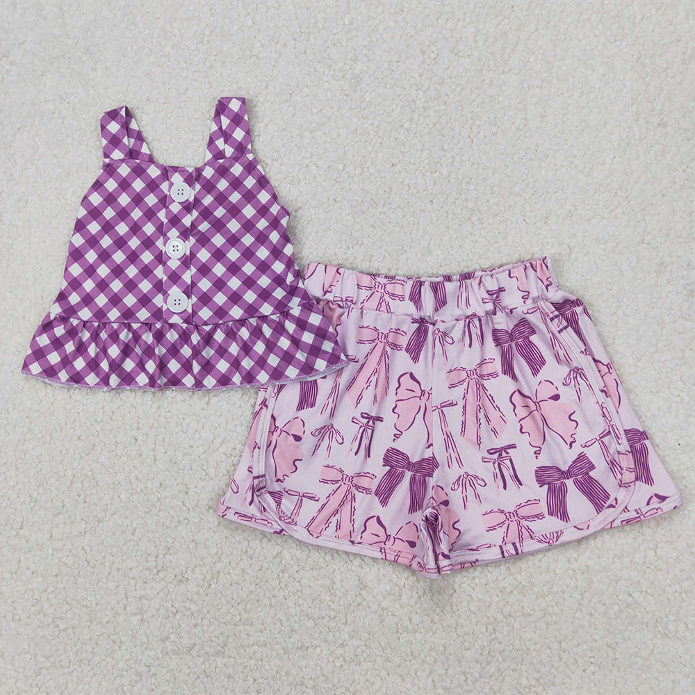 GSSO2035RTS NO MOQ Baby Girls Summer Outfits Purple plaid peplum bow shorts kids girls summer outfits