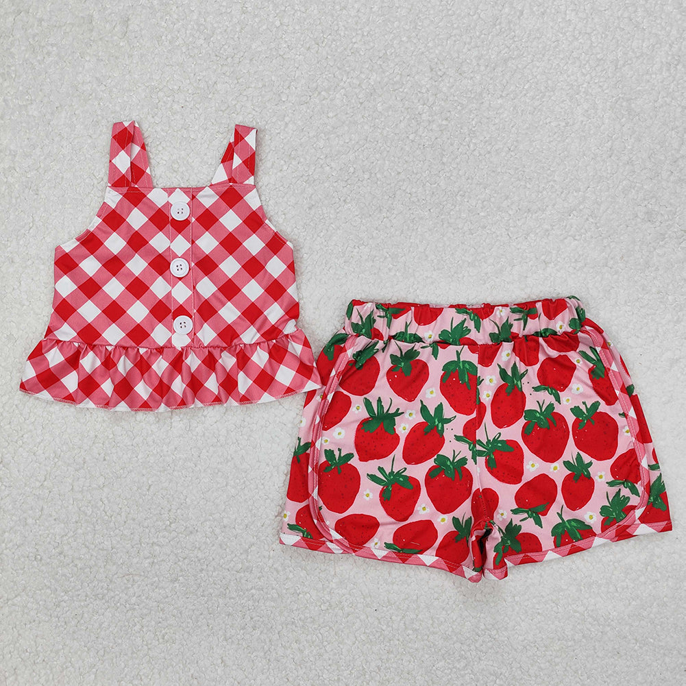 6.07 Kids Girls Red Plaid Peplum Strawberry Shorts Summer Outfits Casual Breathable Clothing for Children