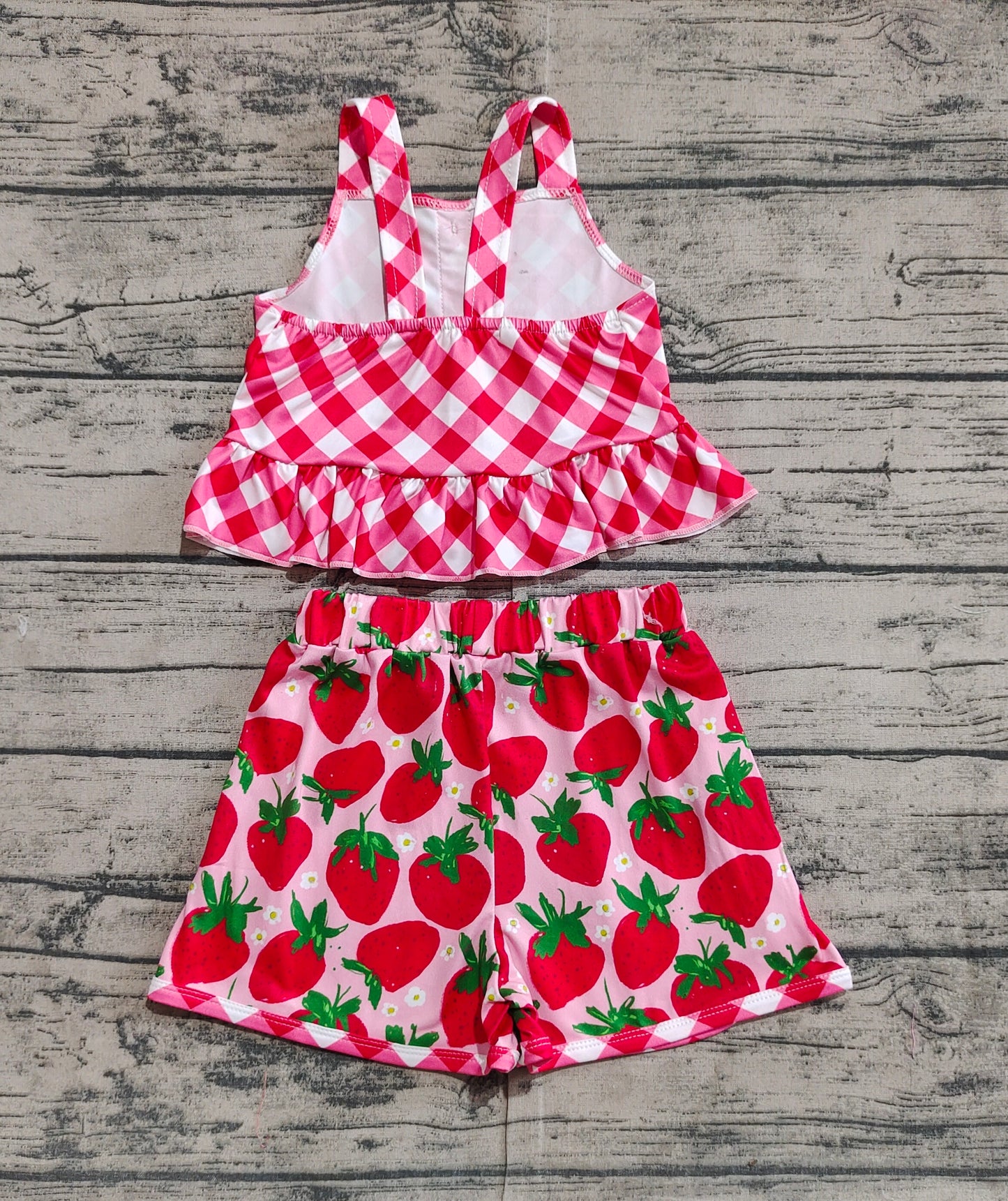 GSSO2037Kids Girls Red Plaid Peplum Strawberry Shorts Summer Outfits Casual Breathable Clothing for Children