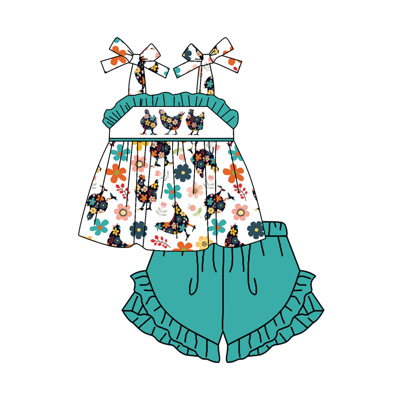 Straps floral chicken tunic ruffle shorts girls clothing