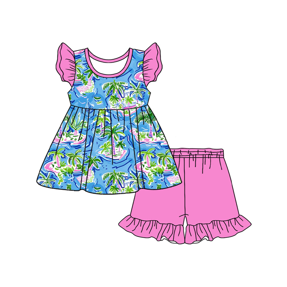 Flutter sleeves watercolor boat trees tunic shorts girls clothes