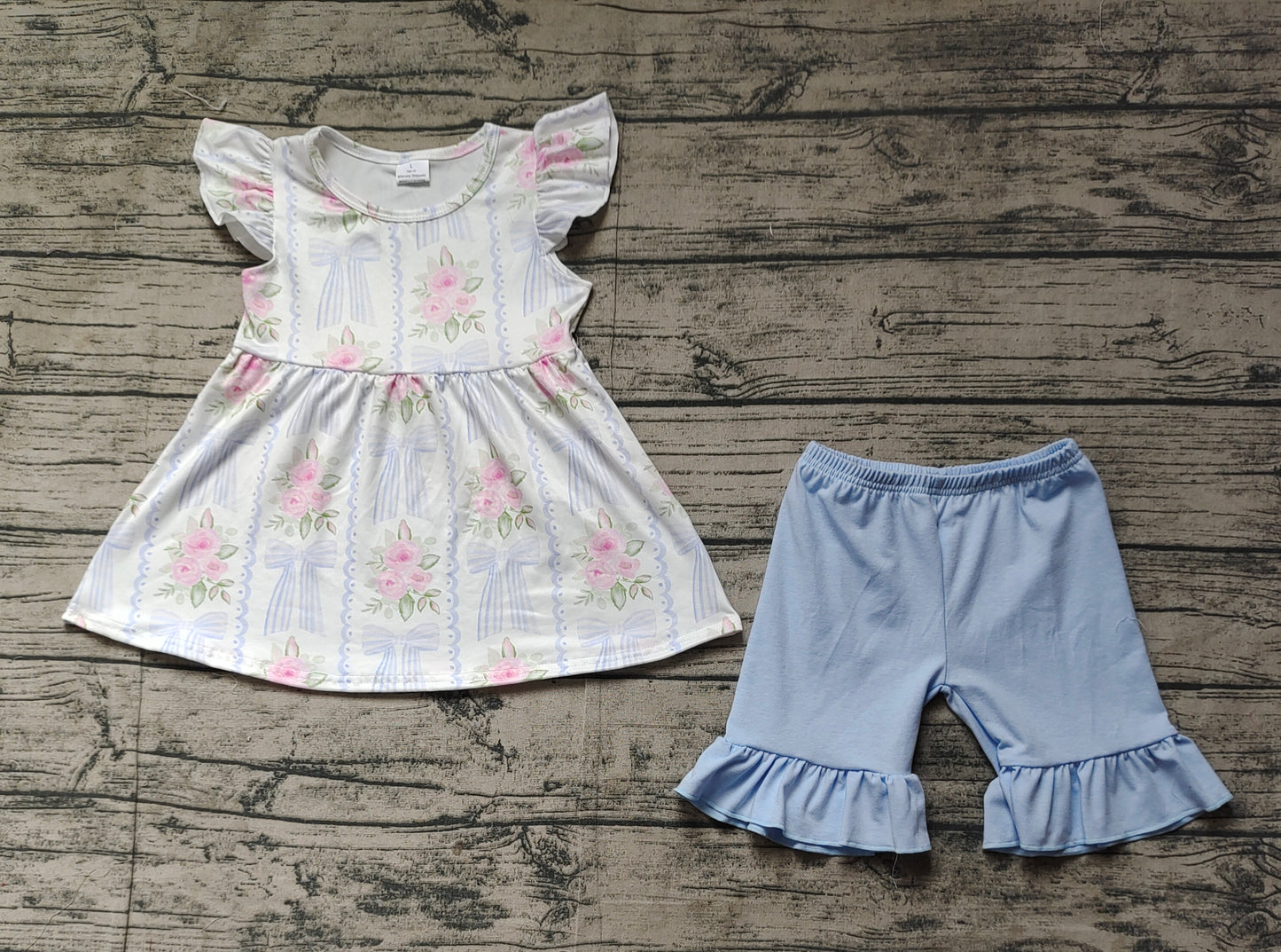 GSSO2052Girls Floral Light Blue Bow Tunic Ruffle Shorts Set Cute Casual Outfit for Kids