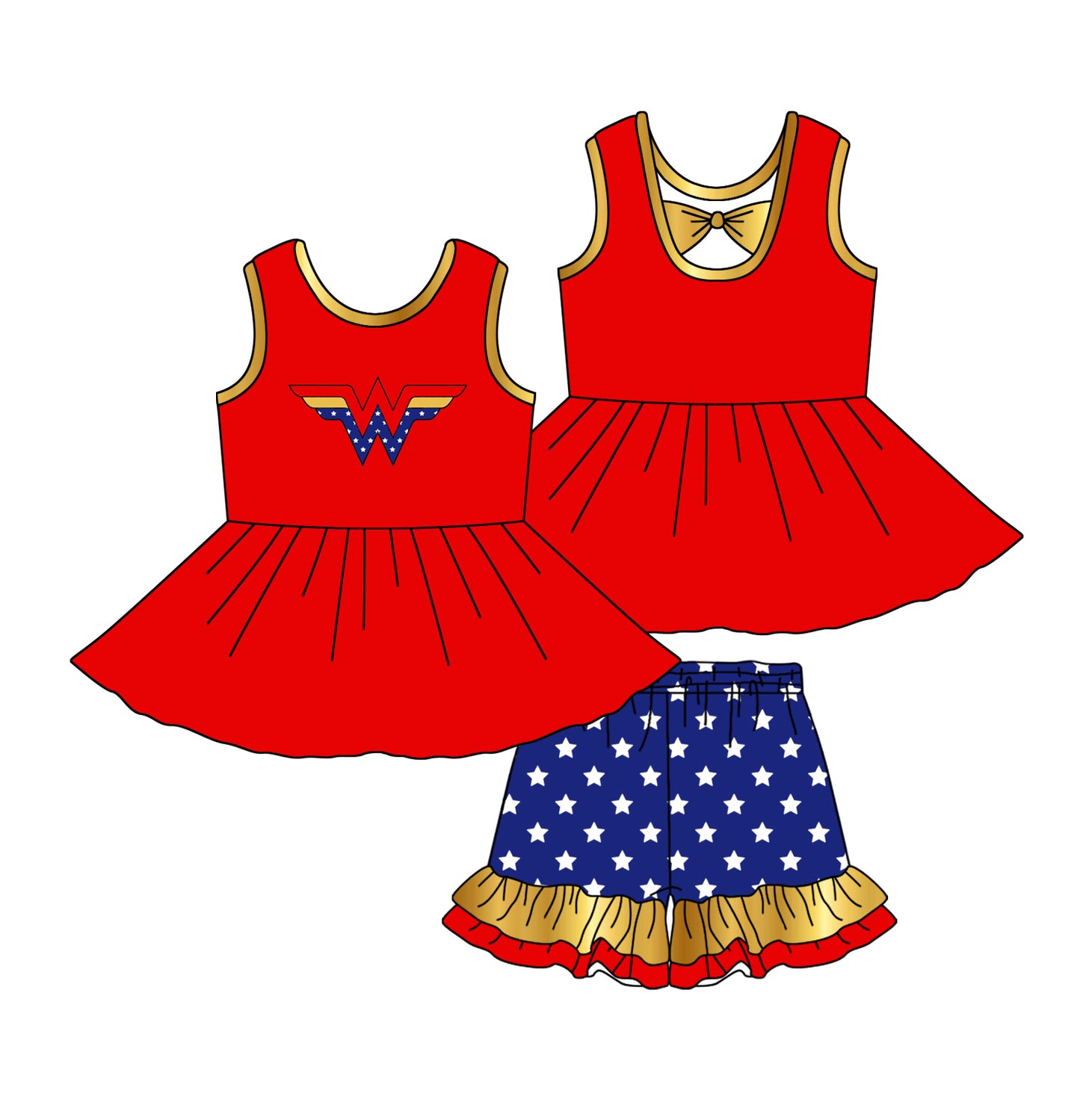Red sleeveless tunic stars ruffle shorts girls outfits