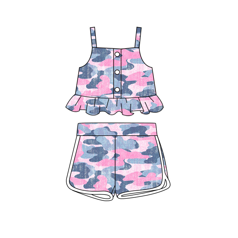 Baby Girls Grey Pink Camo Straps Top Shorts Clothes Sets
