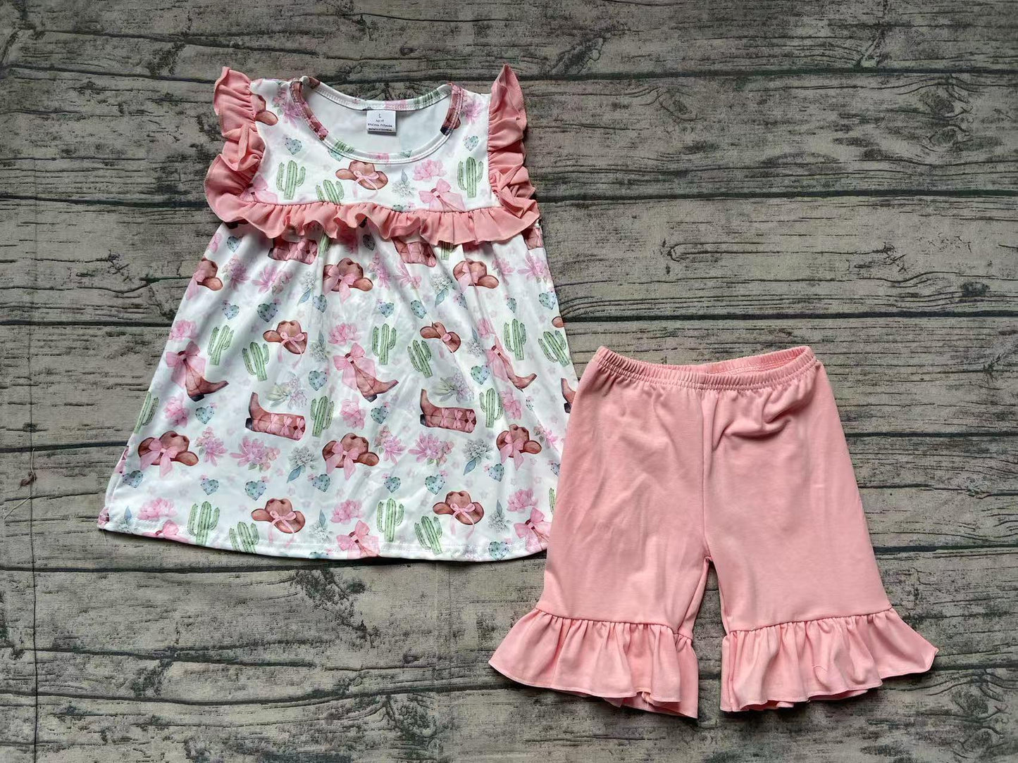 GSSO2066Girls Western Clothing Set with Pink Ruffle Cactus Boots And Hat Country Chic Outfit for Kids