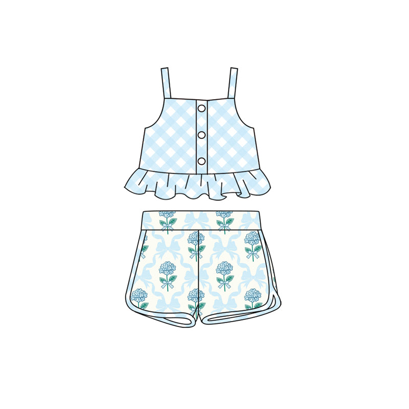 Sleeveless light blue bow floral baby girls athletic dresses