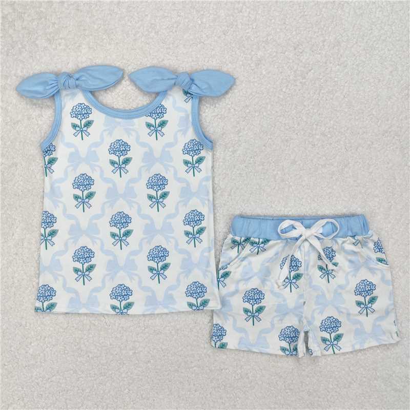 6.04 Girls Light Blue Plaid Straps Top Floral Bow Shorts Set Cute Preppy Outfit for Kids